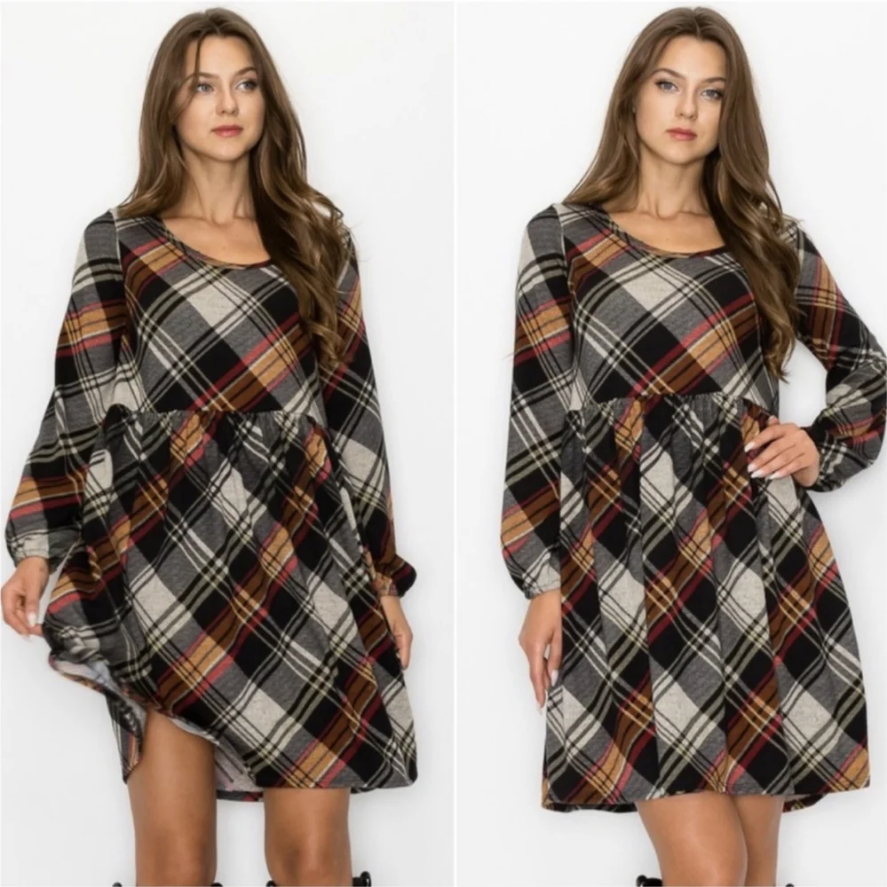 2 Left! Beautiful Long Sleeve and Ultra Soft Plaid Dress - Picture 2 of 6